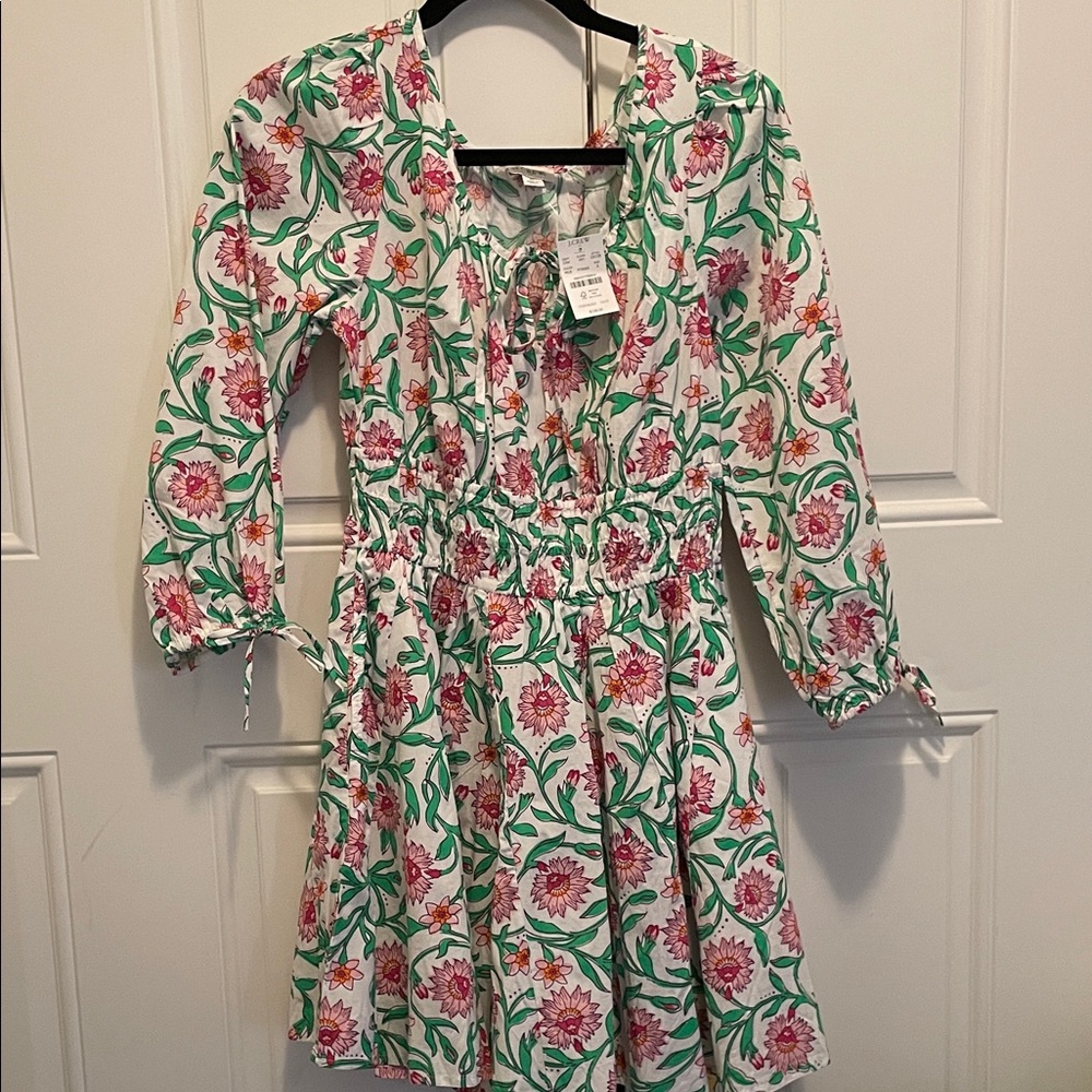J. Crew White Floral Long-Sleeve Tie-Front Dress with Pink Flowers new with tags